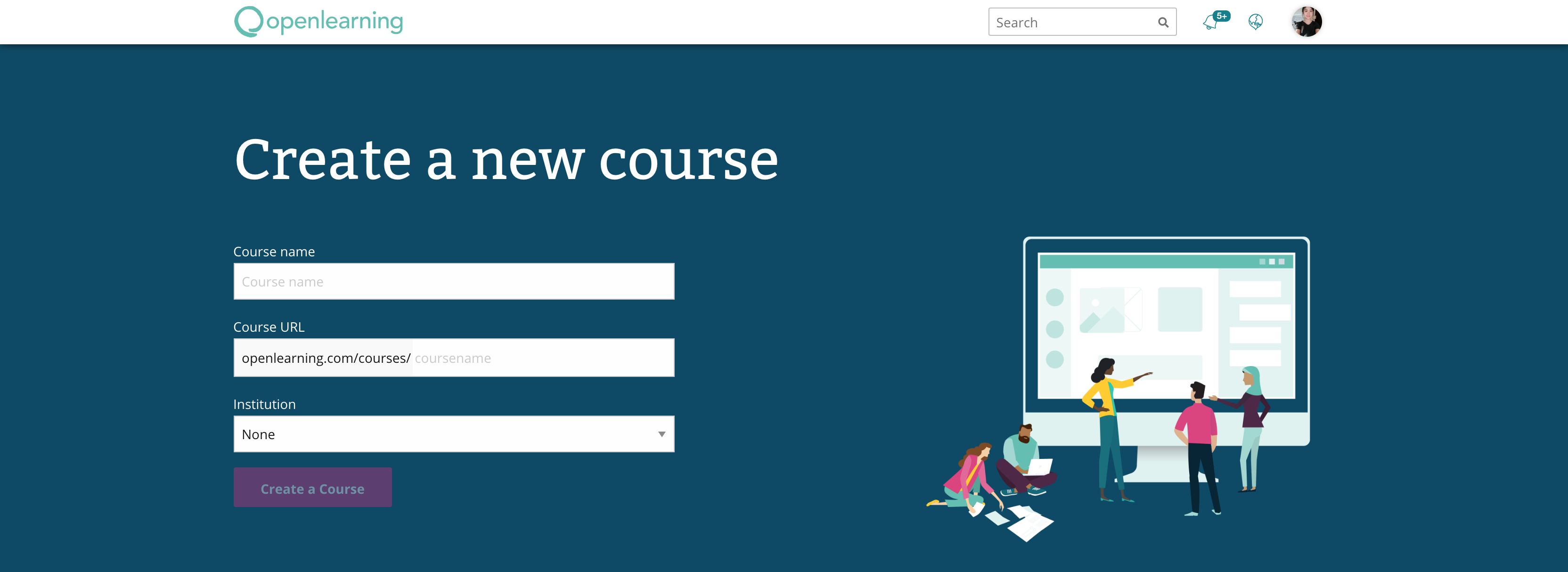 OpenLearning create a course page. It says 'Create a new course' and asks for a course name, course URL and institution.