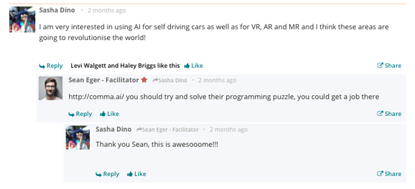 Comment section. First comment says I am very interested in using AI for self driving cars as well as for VR, AR, and MR and I think it is going to revolutionise the world! Second comment provides a link to comma.ai and says you should try and solve their programming puzzle. Third comment says thank you, this is awesome!