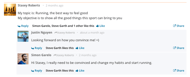 A series of comments and replies between students. The facilitator does not comment, but shows his presence by 'liking' each post.