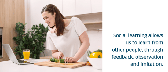 A woman cooking while referring to her laptop. Text: Social learning allows us to learn from other people, through feedback, observation and imitation.