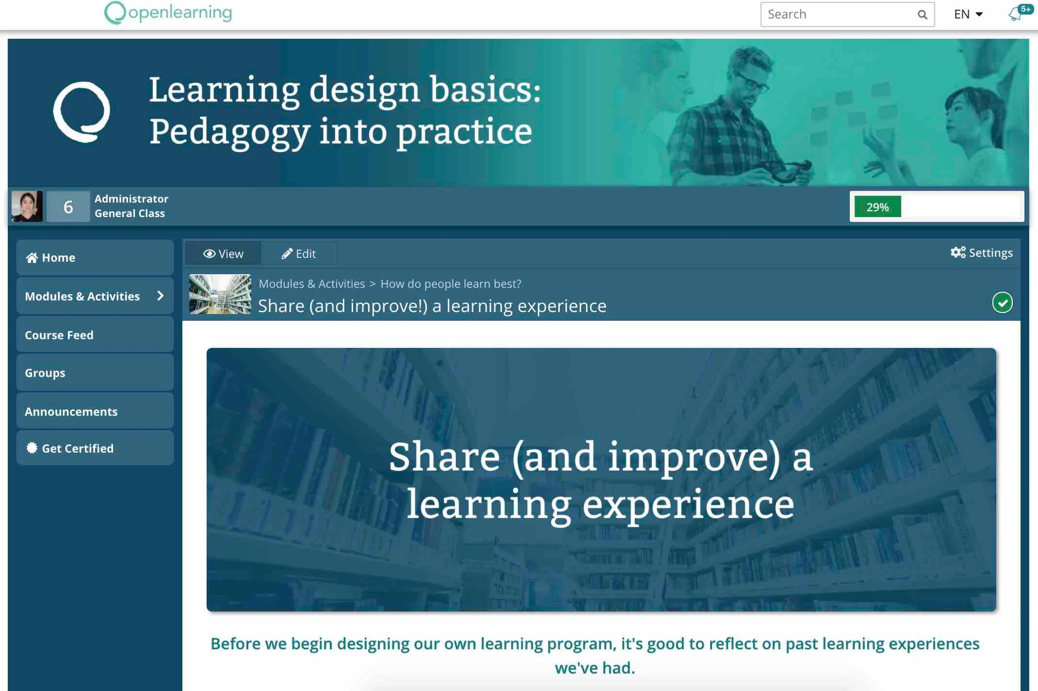 A screenshot from inside the Learning Design Basics course on OpenLearning